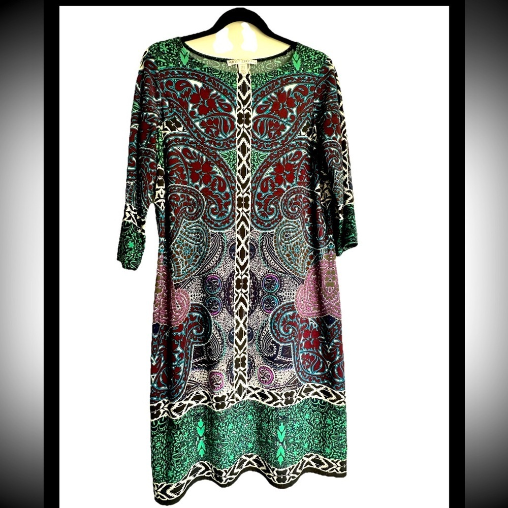 MAGGY LONDON Multicolor Patterned 3/4 Sleeve Lagenlook Dress
